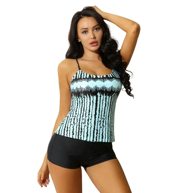 

Women Tankini Swimwear Sleeveless Back Strappy Top with shorts Two-Piece Swimsuits Bathing Suits