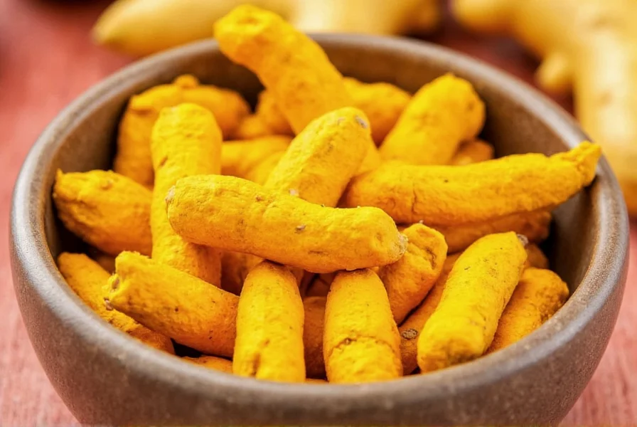 Close-up view of fresh turmeric root and powdered turmeric showing vibrant yellow color