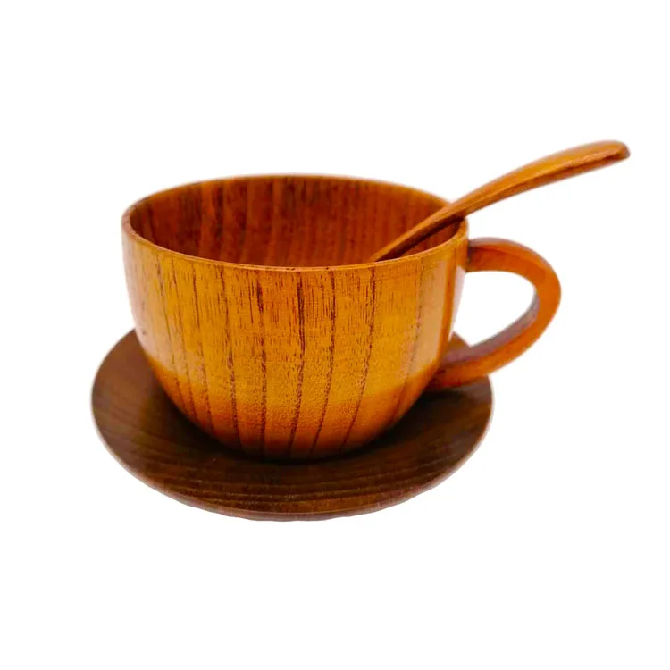 

Eco Friendly Jujube Custom Logo Reusable Drinking Water Tea Coffee Wood Cup With Saucer and Spoon Set, Natural wood color