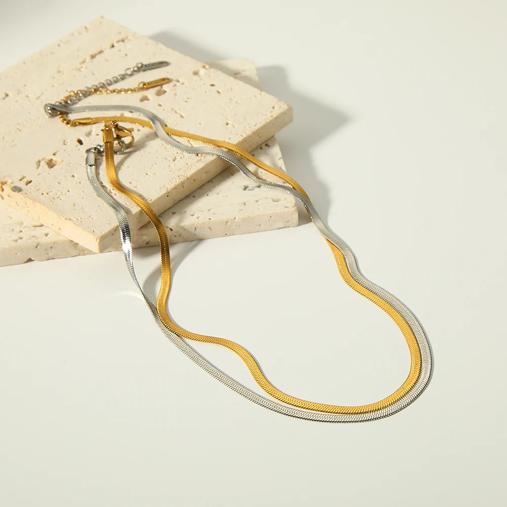 

Minimalist Style Stainless Steel High Polished Silver And Gold Flat Snake Chain Choker Women Necklace For Daily Wearing