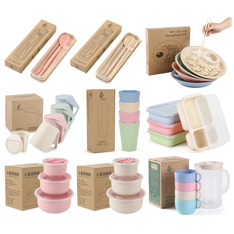 

Wheat Straw products Tableware Set Plastic Bowl Chopstick Plate Cup Set Eco-friendly Dinnerware set, White,pink,green,blue,customized color