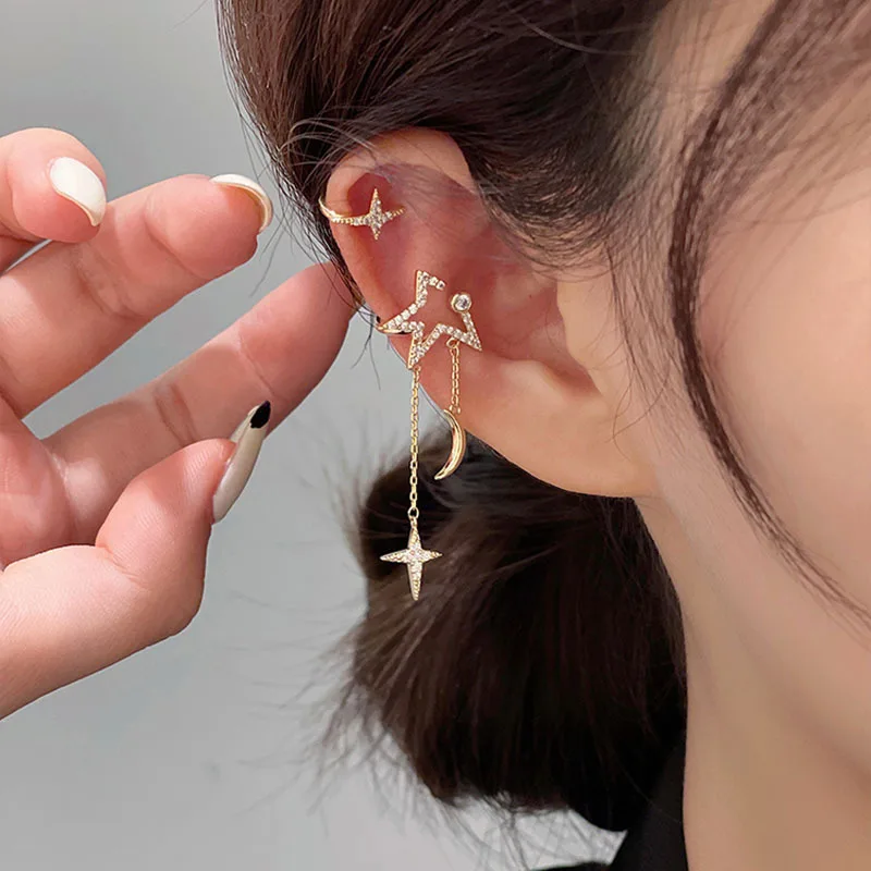 

Tiktok Hot Selling Simple Temperament Minority Earrings Moon Tassel No Ear Cuff Earring for Girl