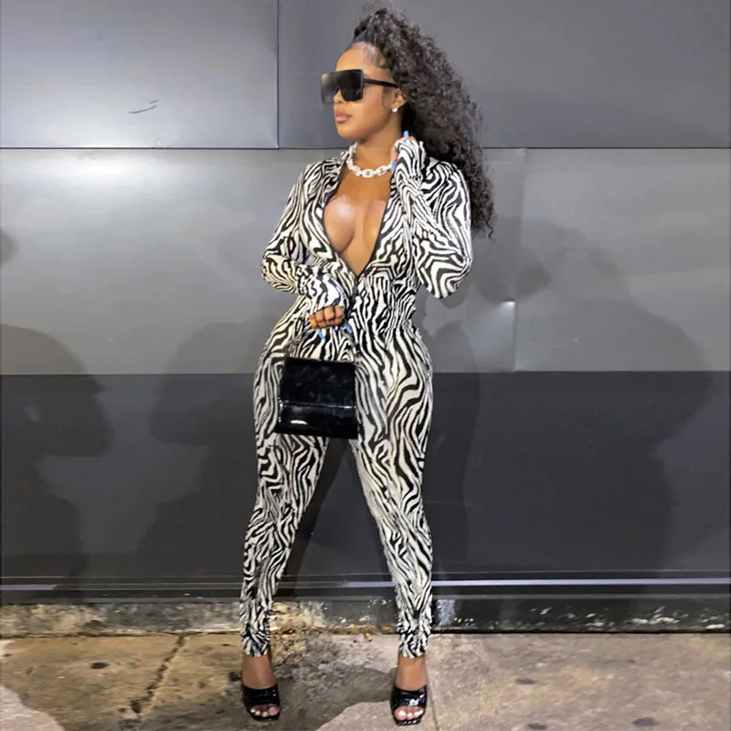 

Dropshipping Women 2021 Clothing Vendors One Piece Long Sleeve Quick Dry Zebra Jumpsuit