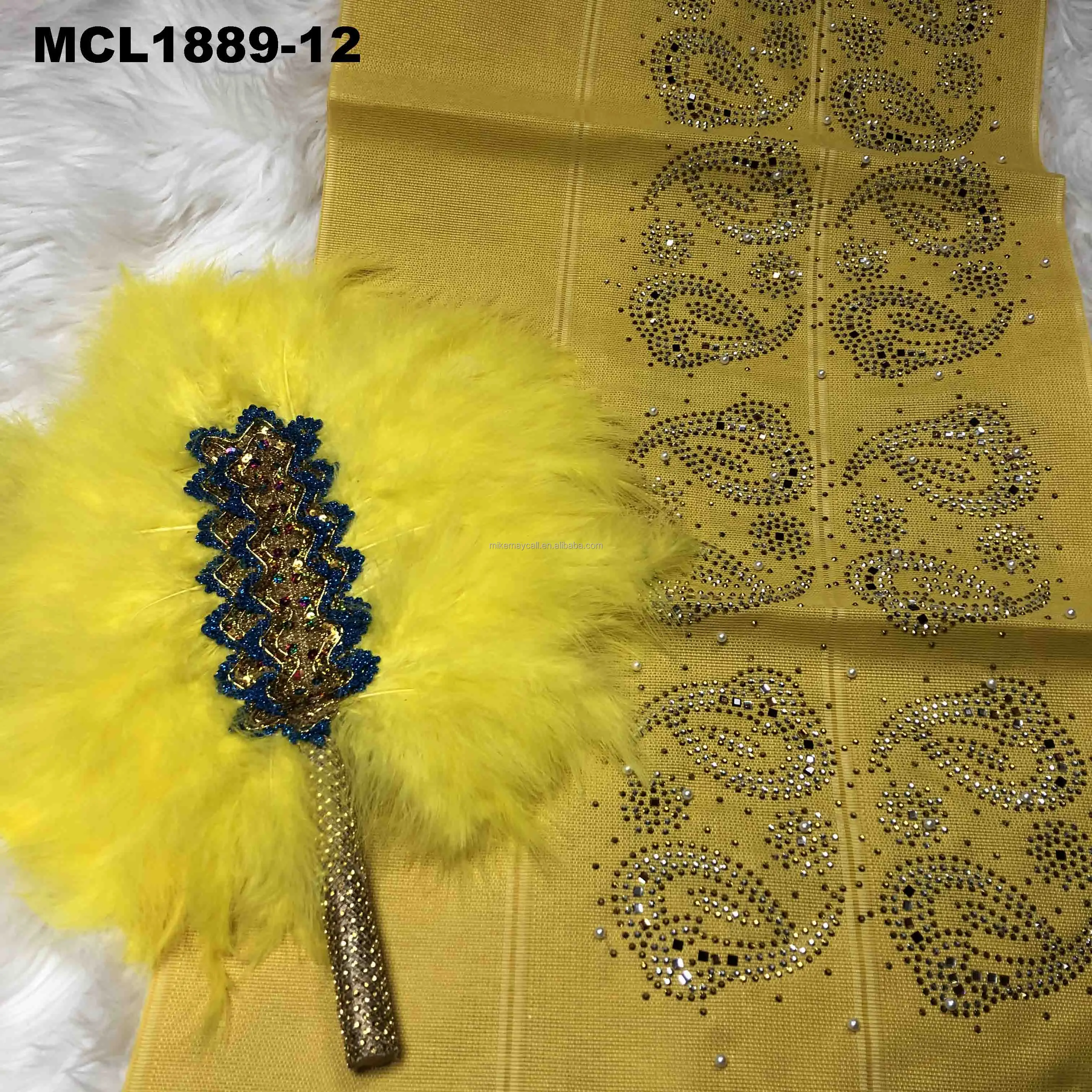 

Peacock Mix Round Shaped Feather Traditional African Wedding Hand Fan with aso oke headtie