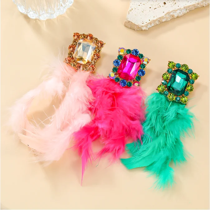 

Korean Bohemian Crystal geometry square Drop Earrings for Women Long Tassel Pink Feather Dangle Earrings Fashion Jewelry