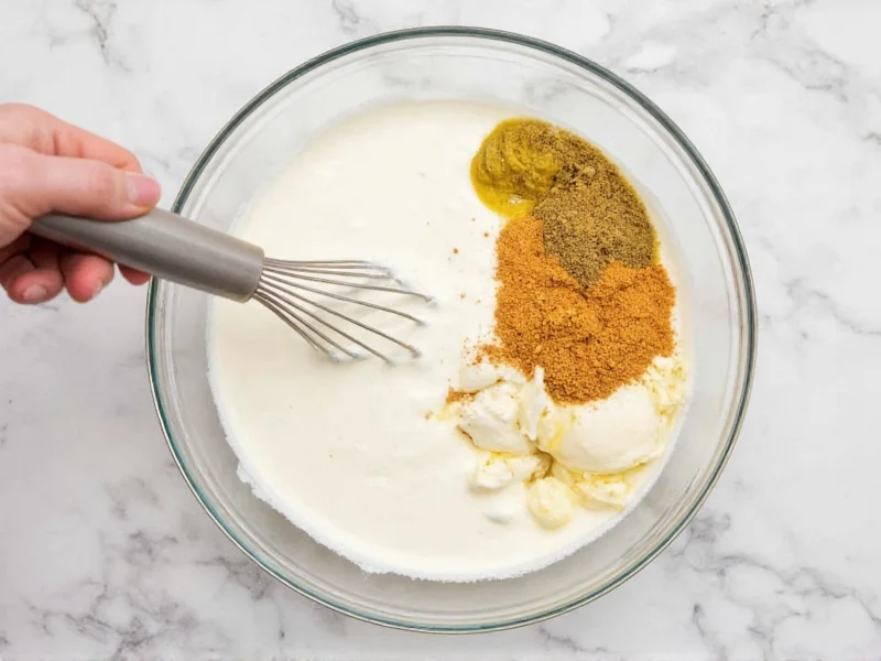 Whisking ranch dip ingredients in glass bowl