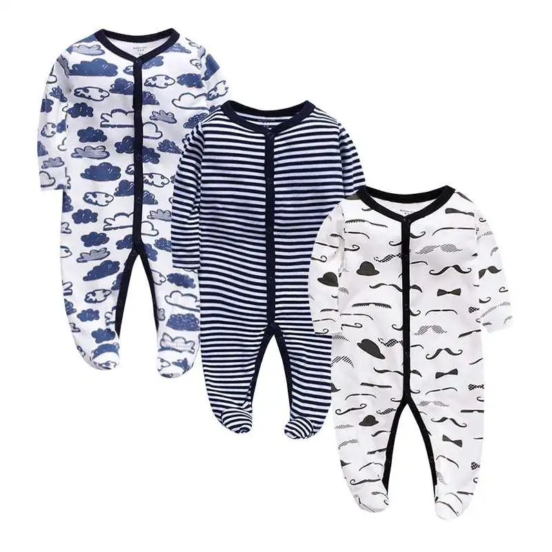 

Hot Sales Newborn baby footed sleeper pajamas 3 pieces unisex blue cotton long sleeve Baby romper, Mix color