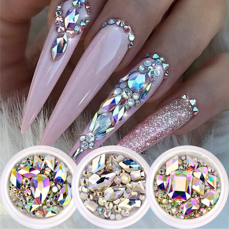 

Glitter 3D Rhinestones AB Flat Back Shiny Stones Nail Art Decorations Mixed Size Nail Gems Crystal Strass Accessories, As shown