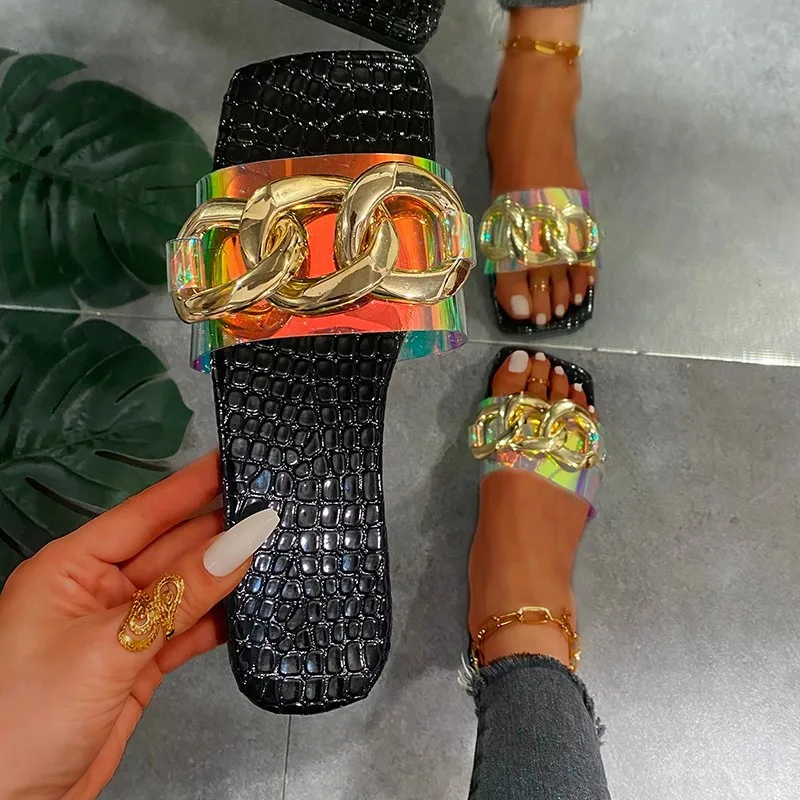

Metal chain design and color monogram flat sandals new style ladies slippers 100% high quality, Customized color