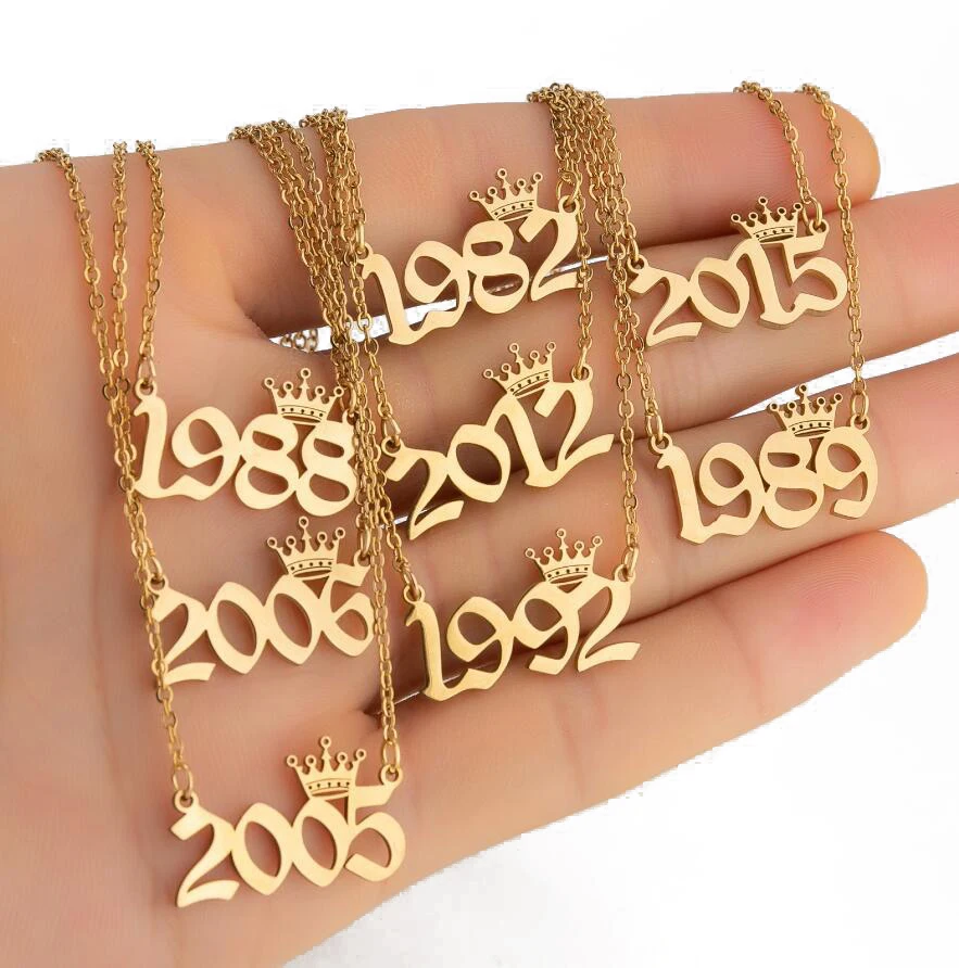 

Multilayer Birthstone Necklaces Stainless Steel Long Chain Angel Number Birth Year Crown Birth Sign Month Necklace Women Choker, Rose gold