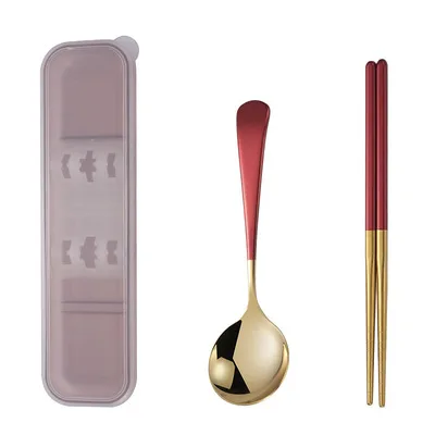 

Korean color handle tableware 18/8 spoon chopsticks box tableware set, As is shown in