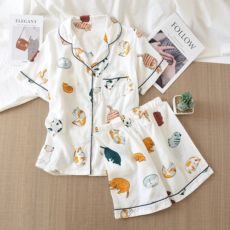 

Japanese Summer Ladies New Pajamas Two-piece 100% Cotton Gauze Thin Short-sleeved Shorts Cute Cartoon Home Service Set Women, White cat