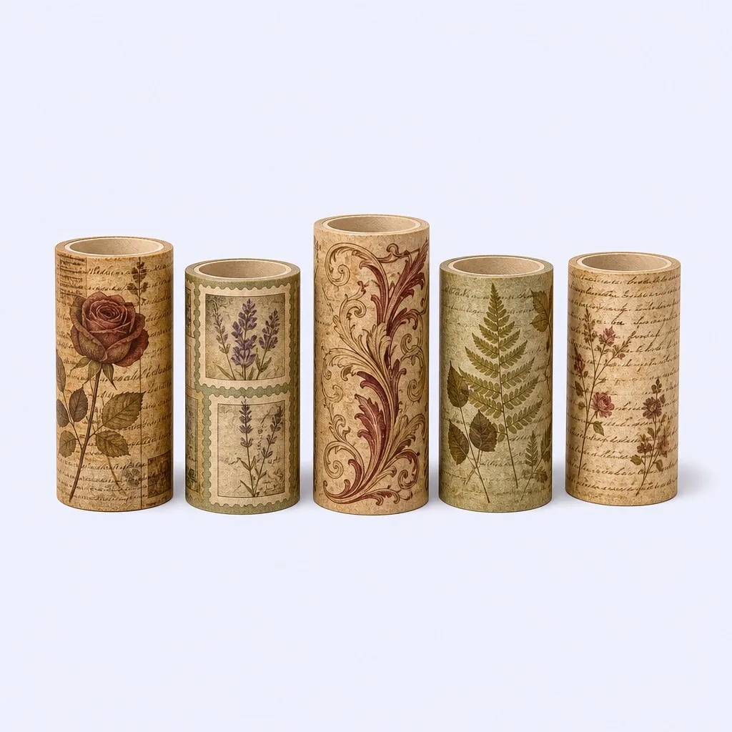 Five vintage washi tape rolls showing all pattern varieties