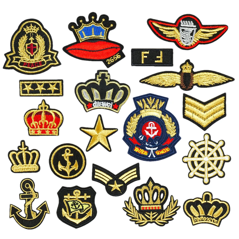 hig quality gold thread crown anchor design self-adhesive shoulder embroidery patch for uniform