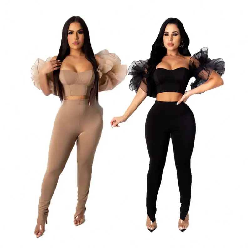 

HS fashion clothing 2021 new arrivals women summer two piece pants sets mesh sexy 2 piece crop top set