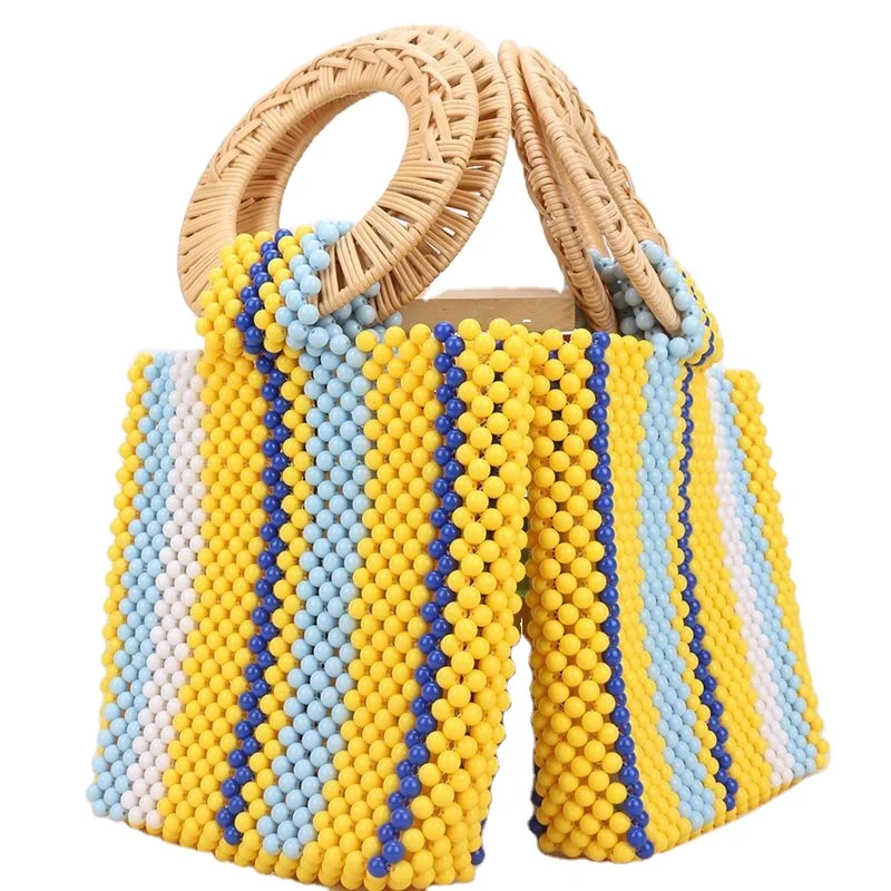 

Handmade Color Wooden Bead Shoulder Bag Women Woven Bead Crossbody Bag, Black.beige