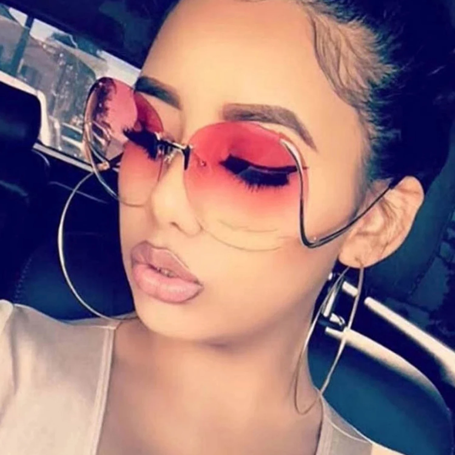 

OUSEN cheap brands 2021 trendy designer oversized round lenses rimless shades sunglasses for women