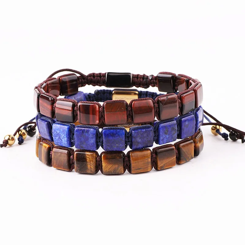 

High Quality Custom Square Shaped Natural Gemstone Tiger Eye Lapis Lazuli Stone Woven Beads Macrame Bracelet Men Women