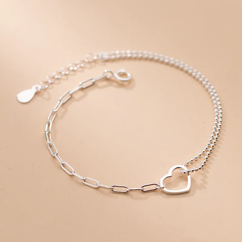 Genuine 925 Sterling Silver Double Layer Chain Heart Sweet Charm Bracelet for Women Fine Jewelry