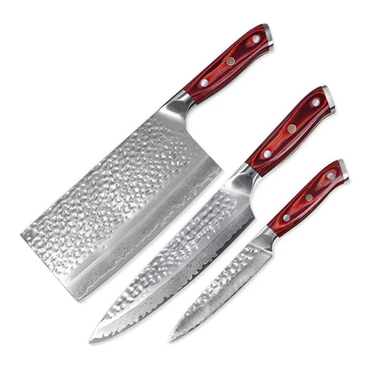 

High Quality 3 Pcs 67 Layer Damascus Steel Blade Knives With Red Wood Handle Knifes Set For Chef