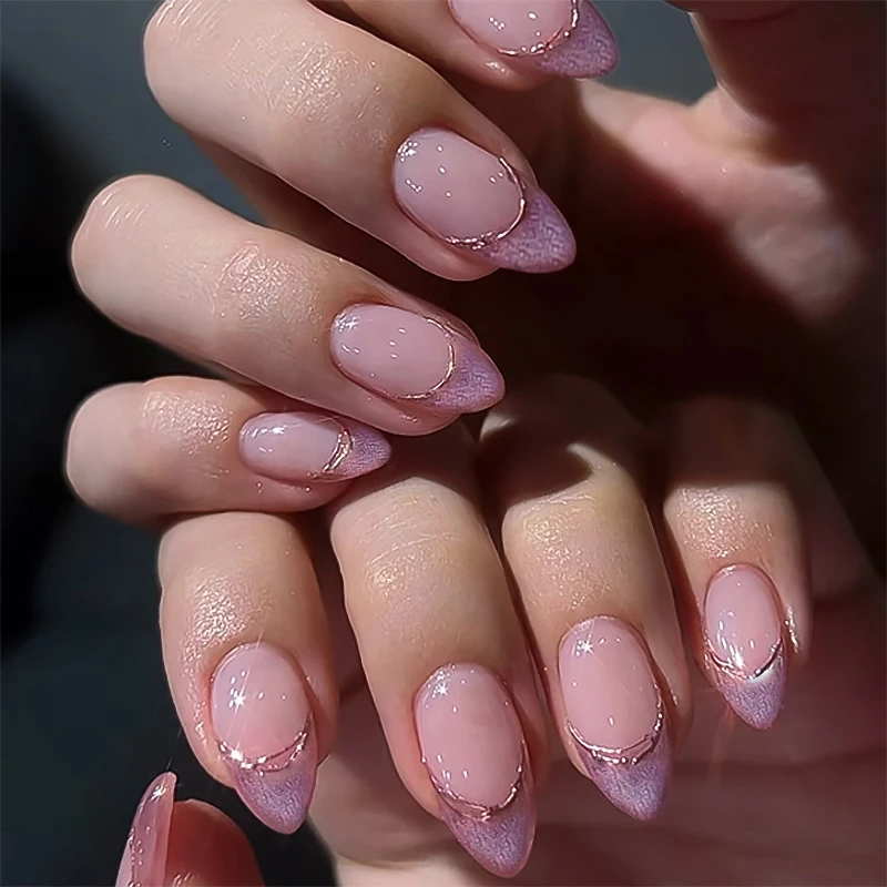 Dropshipping 24 Pcs 3694 Elegant Pink Rose Gold Nail Tips Glitter Accents Short Almond Press on Nails Artificial Fingernails