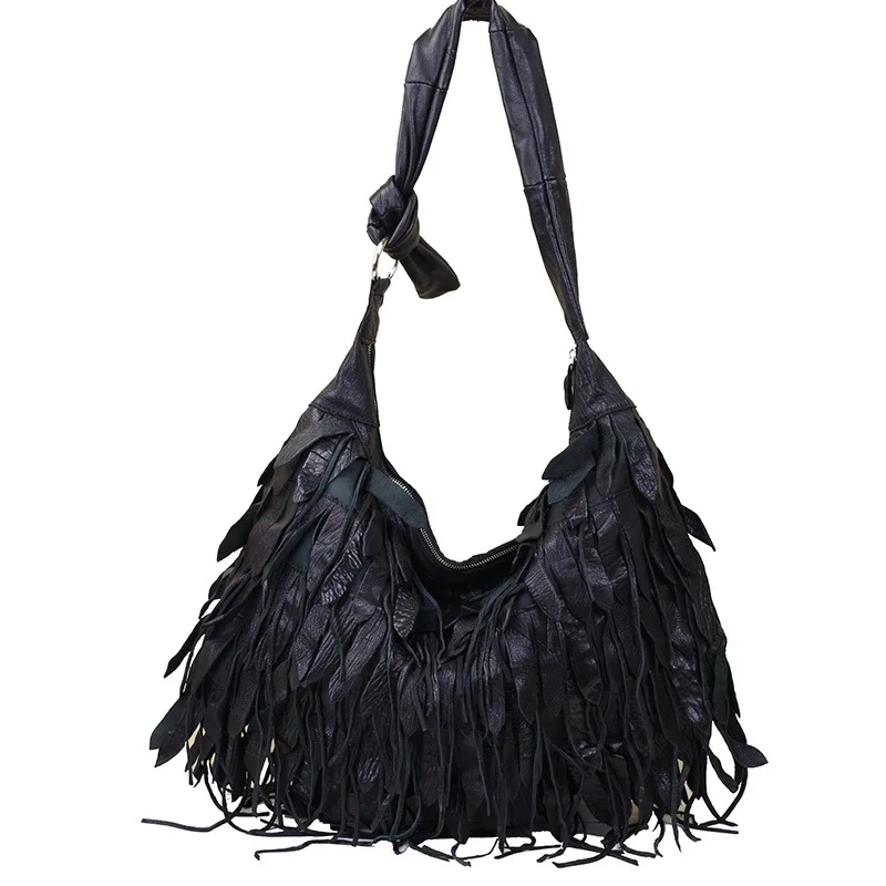 

Professional Manufacturing Fashion Ladies Black Tassel Lamb Leather Tote Bag Handbag