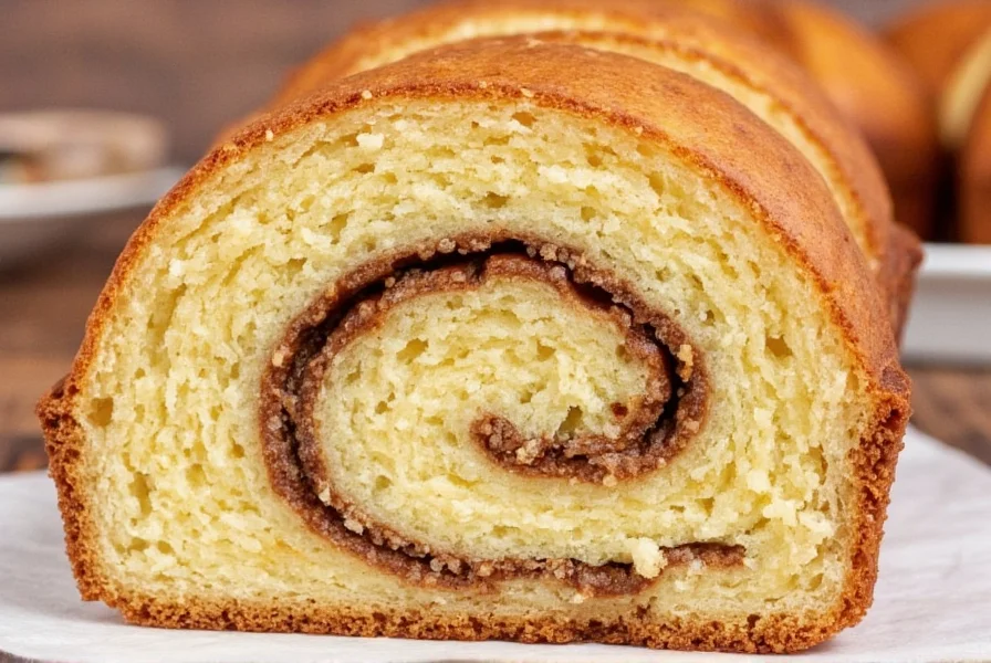 Perfectly sliced cinnamon swirl cake showing distinct spiral pattern and moist crumb structure