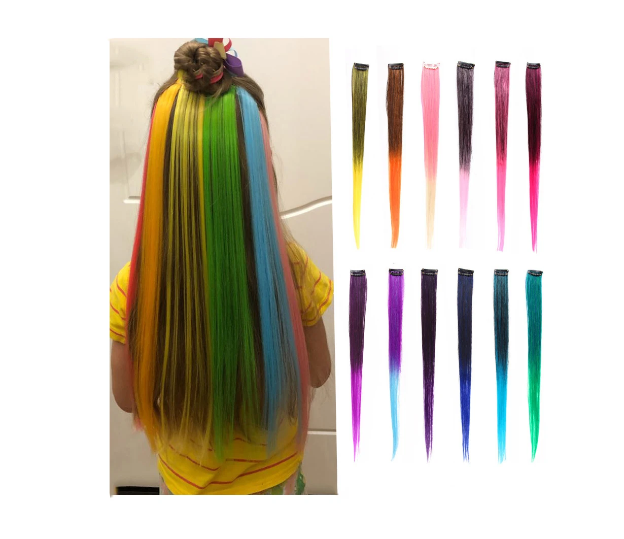 

Clip-In One Piece For Ombre Hair Extensions Pure Color Straight Long Synthetic Hair Fake Pieces Clip In 2 Tone, Black