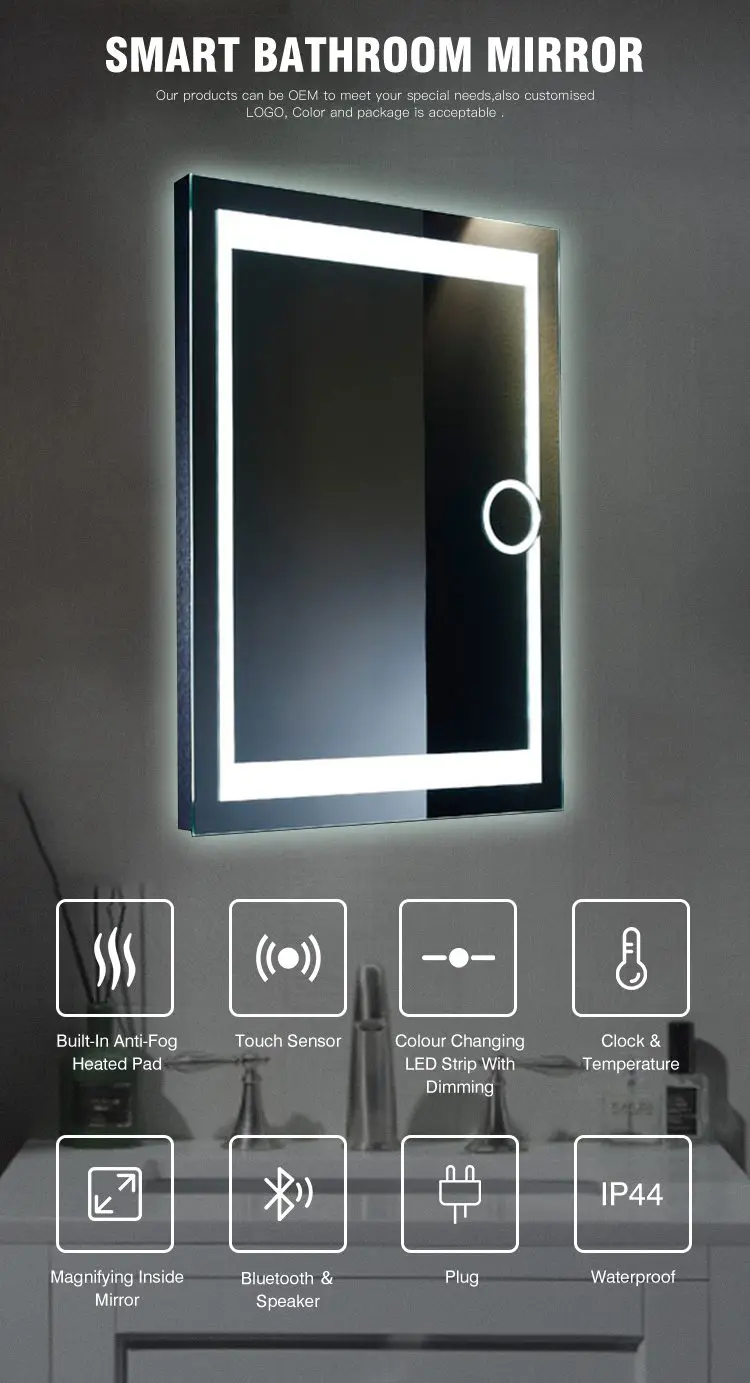 Magnifying Long Hotel Mirror Touch Switch Smart Make Up Mirror Led Bathroom Bath Wall Mirror