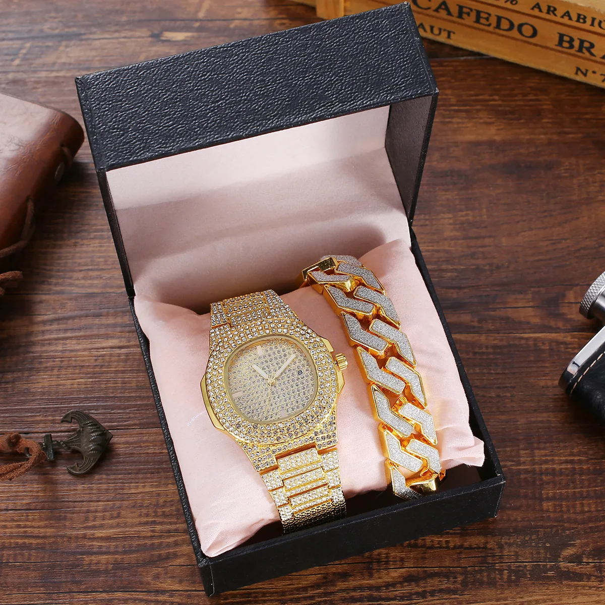 

Hip-hop punk watch men women set diamond mesh steel strap watch chain-set diamond bracelet 2pcs/set with box