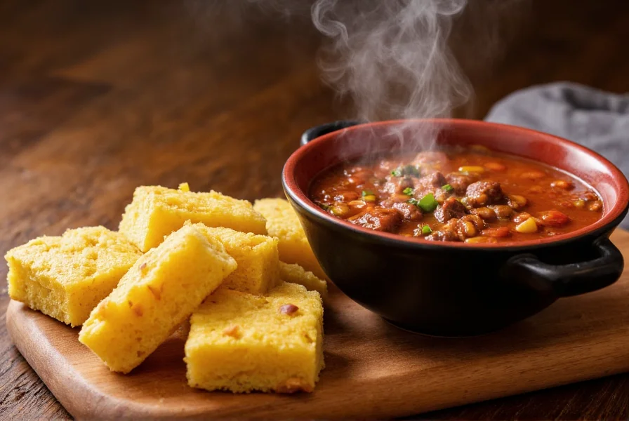Golden cornbread squares served alongside a bowl of hearty beef chili with steam rising
