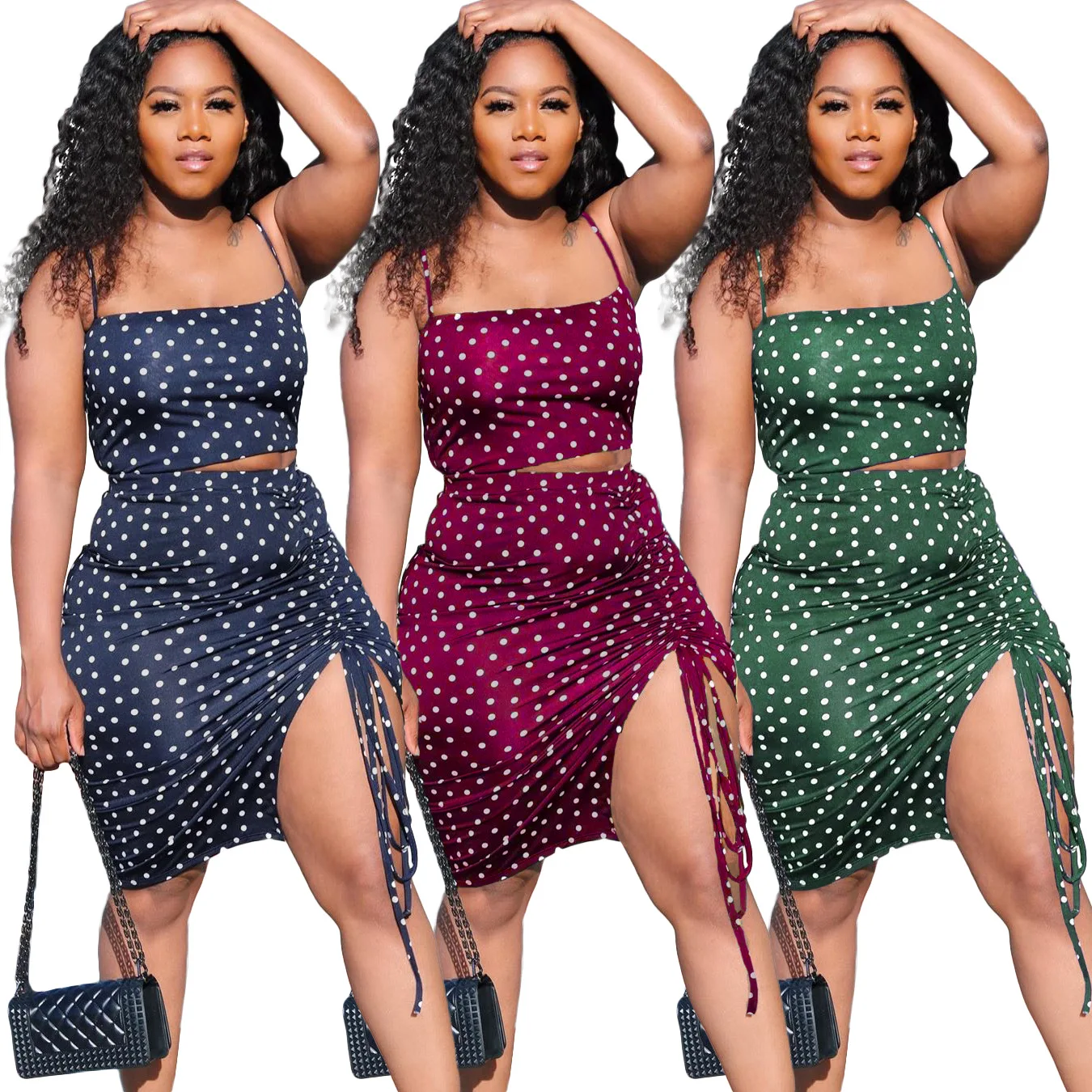 

B14627A New arrival woman fashion dot printed sexy 2 pcs split bodycon dress, As picture