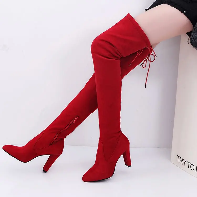 

Autumn winter Europe and America new fashion over knee high heel frosted round toe boots for women lady's lace up shoes, Black,red,gray