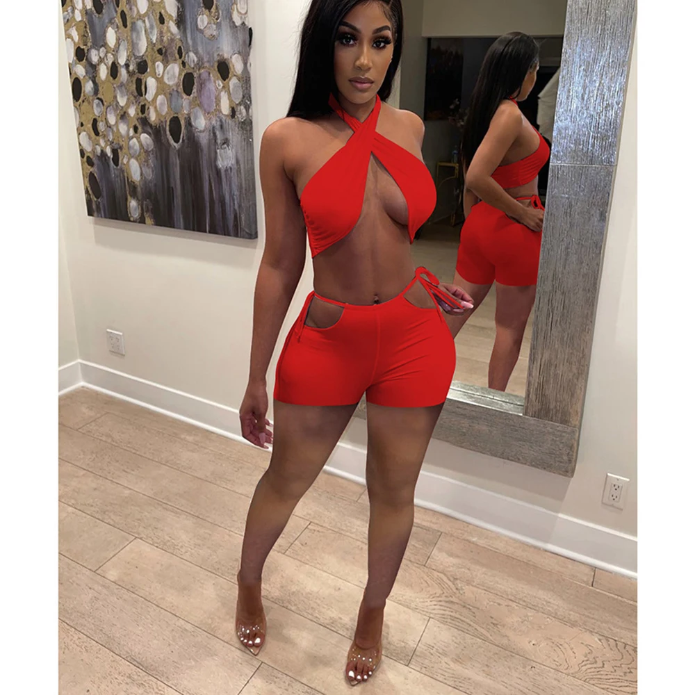 

Fashionable 2021 women sexy two piece sets sleeveless hollow out cross tie halter short pants 2 piece backless sets