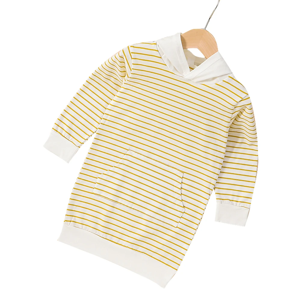 

Yellow Style Striped Pattern Children Hooded Dress Girls Striped Dress, Yellow/white