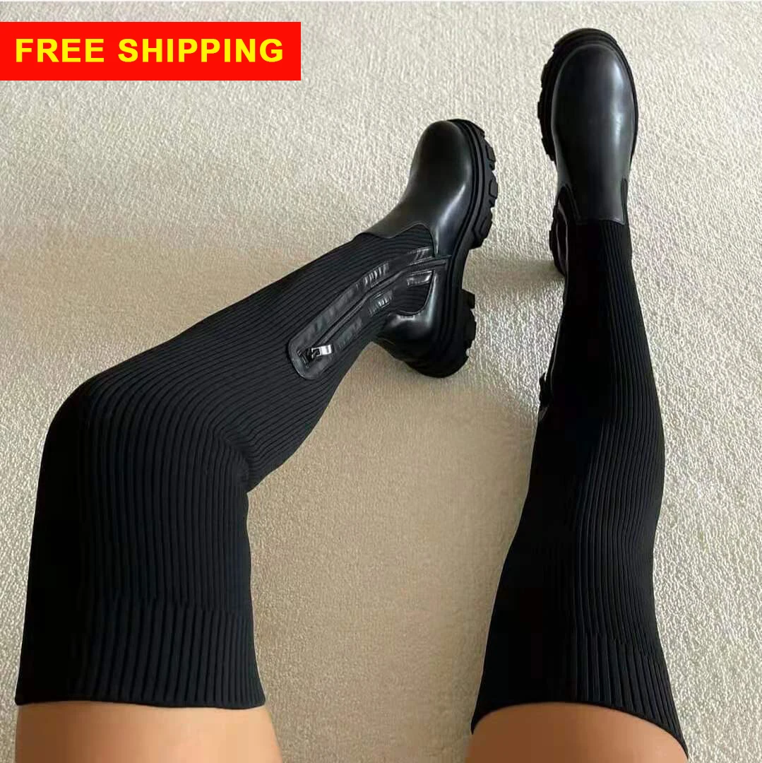 

Free Shipping Over Knee Boots Solid Stiletto Stretch flat fly knit Sock Boots Women Sexy Wrinkle over the knee boots thigh high