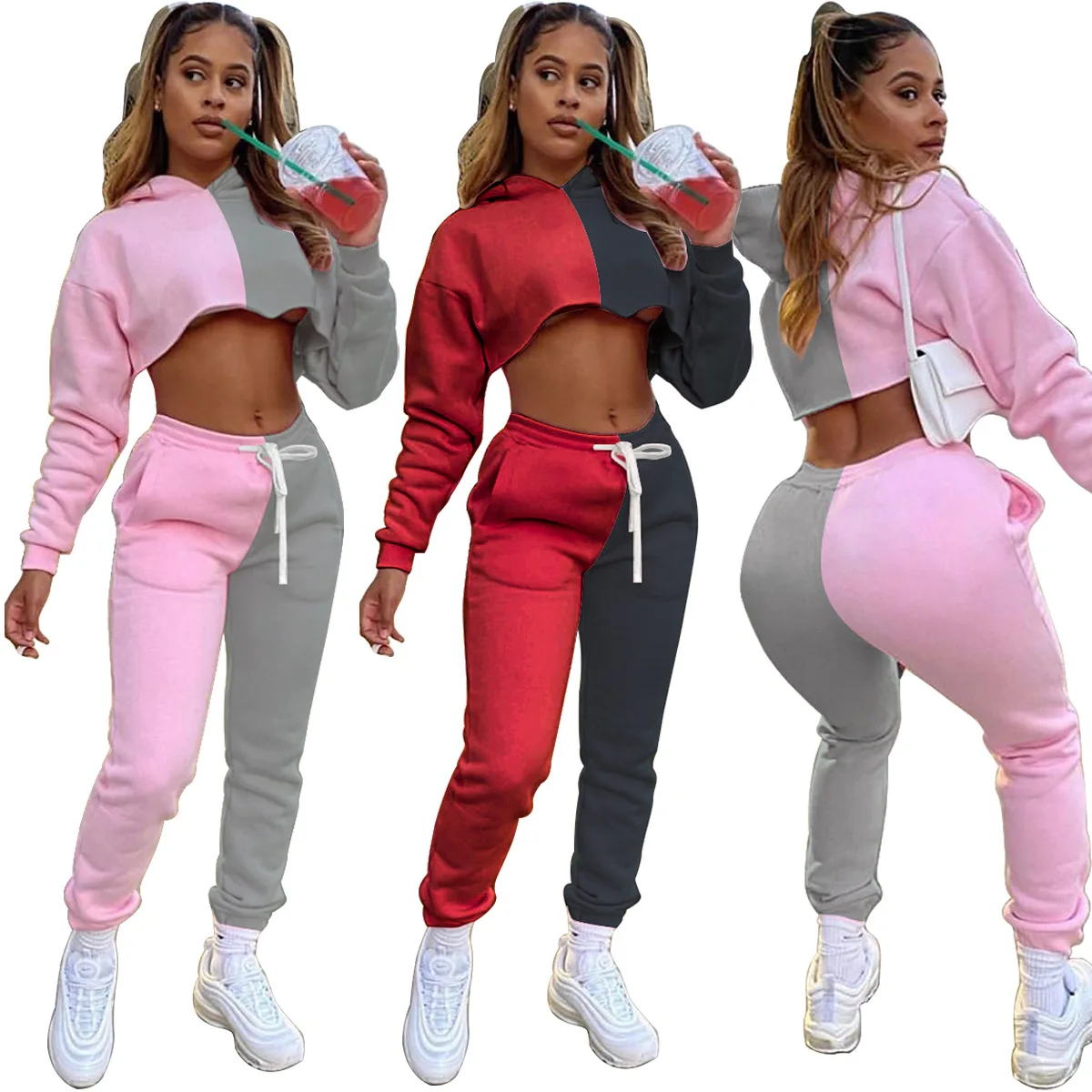 

2021 Women Clothing winter Fashion Clothing Contrast Color Hoodie Crop Top And Trousers Set Thick Casual Sexy 2 Piece Set Women, As pictures