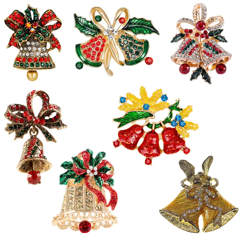 

Wholesale Custom Beautiful Rhinestone Christmas Day Bell Brooch Pins for Women, As picture