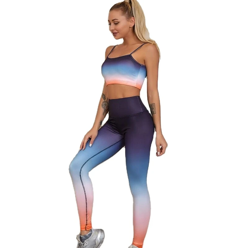 

Two piece Yoga suit with suspender tie dye printed vest and Leggings