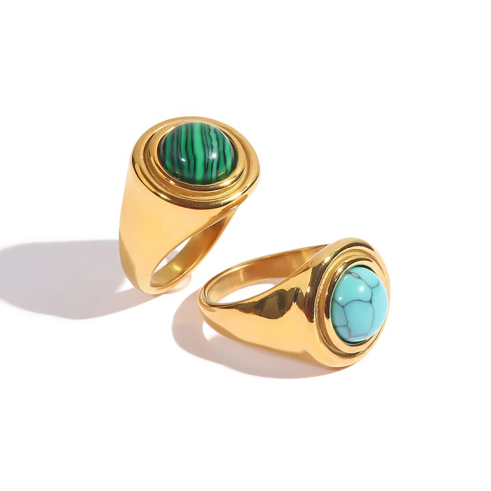 

Luxury Metallic Natural Stone Turquoise Malachite 18K Gold Plated Stainless Steel Rings Exclusive Ins Popular