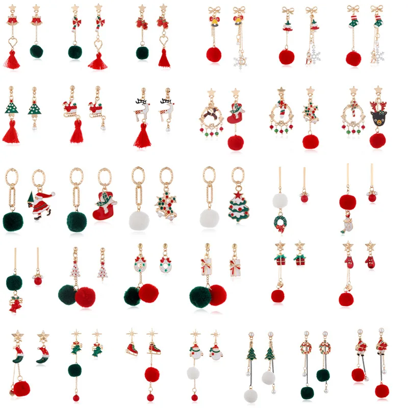 

2021 Creative Asymmetric Snowflake Bell HairBall Christmas Ornaments Ball Earrings Christmas Earrings For Women, As the option