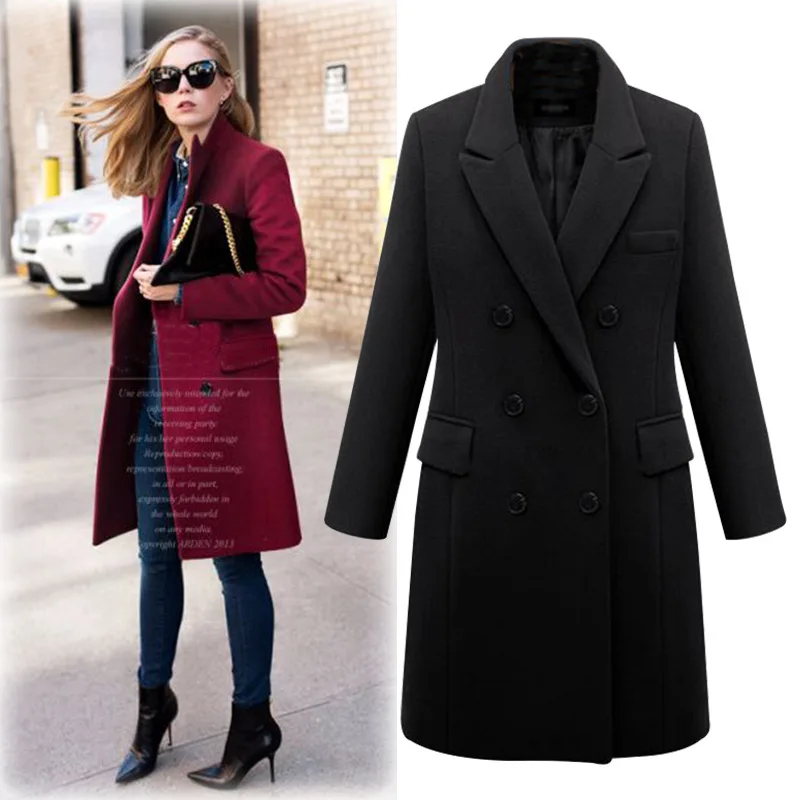 

Europe and America Big Size Woman Woollen Jacket Winter Long Wool Wind Coat, Khaki, gray, black, burgundy