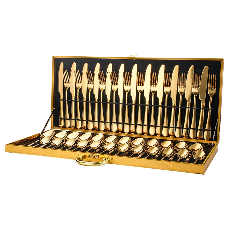 

48PCS stainless steel western cutlery tableware luxury cutlery set golden wooden box