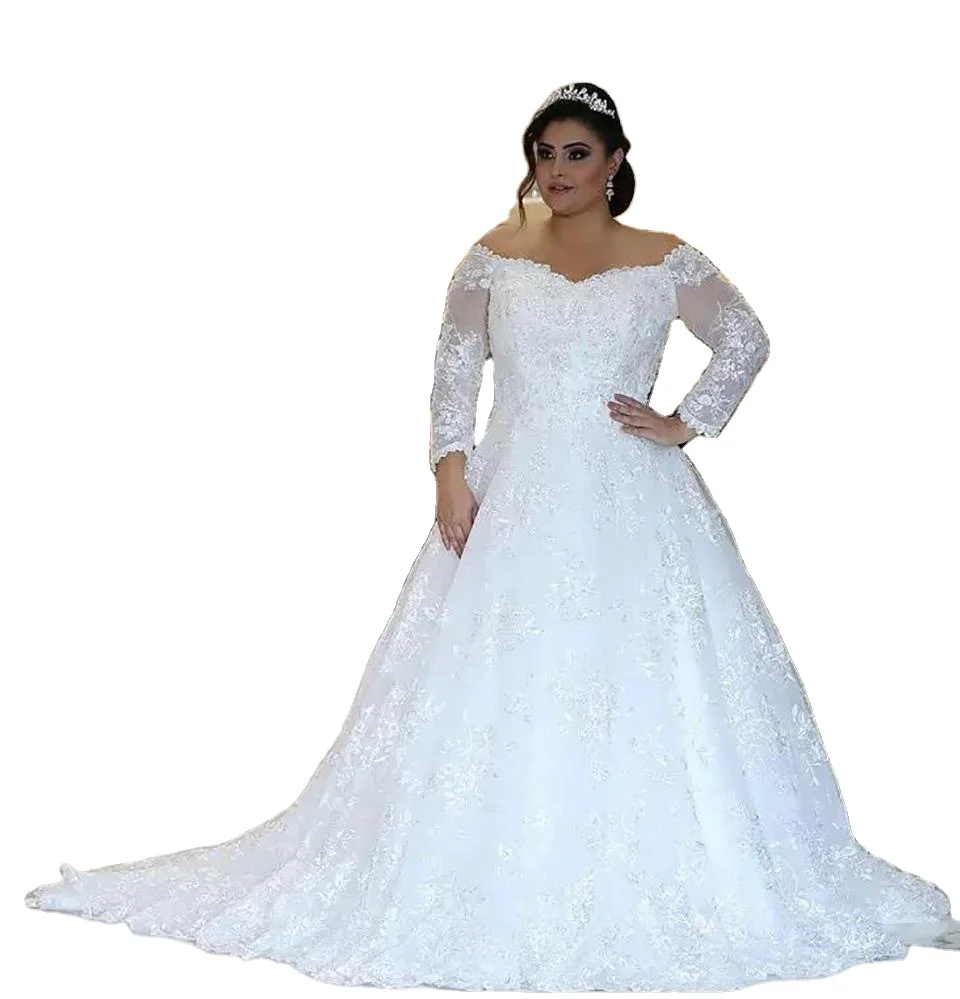

ON477 Plus Size Sparkly Long Sleeves Lace Wedding Dresses with Beaed Appliques Off Shoulder Sweep Train A Line Bridal Gown, Default or custom