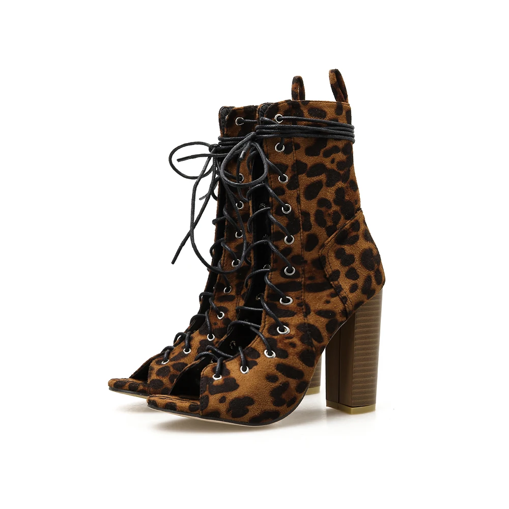 

Women Sandals 2020 Peep Toe Block Heel Sandals Leopard print Hollow Out Heels Lace Up High Heels Women Roma Shoes
