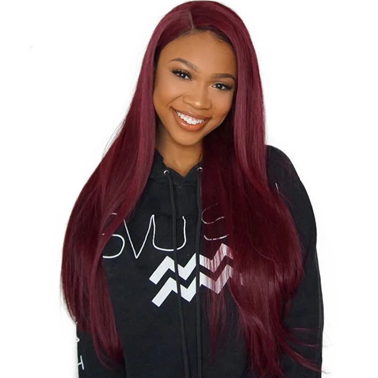 

Burgundy 99J Long Straight 180% Pre plucked Peruvian Remy Colored 13x4 Lace Front Human Hair Wigs For Black Women