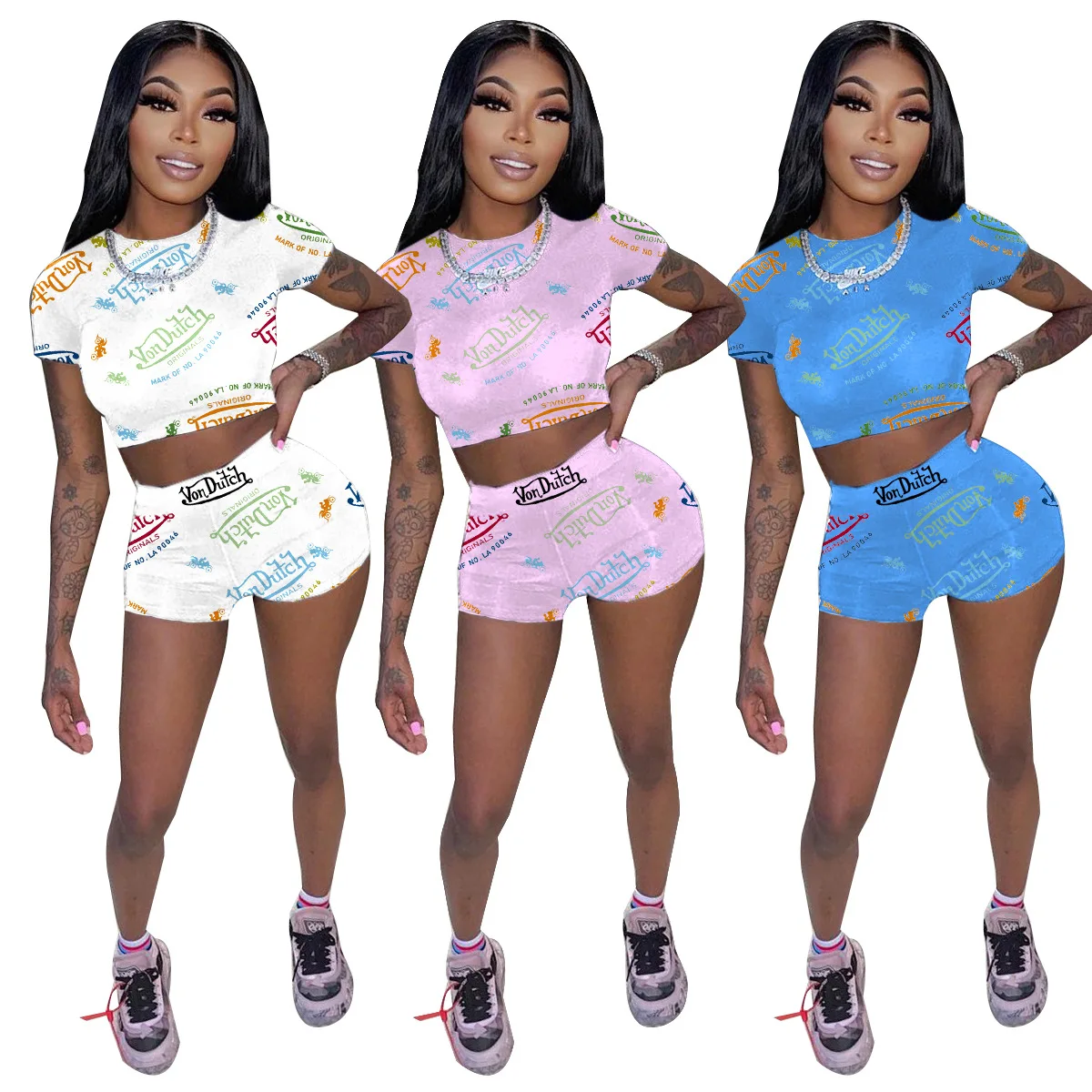 

S-XXL Women's Sexy Fashion Print Print Short Sleeve Shorts Two - piece Set