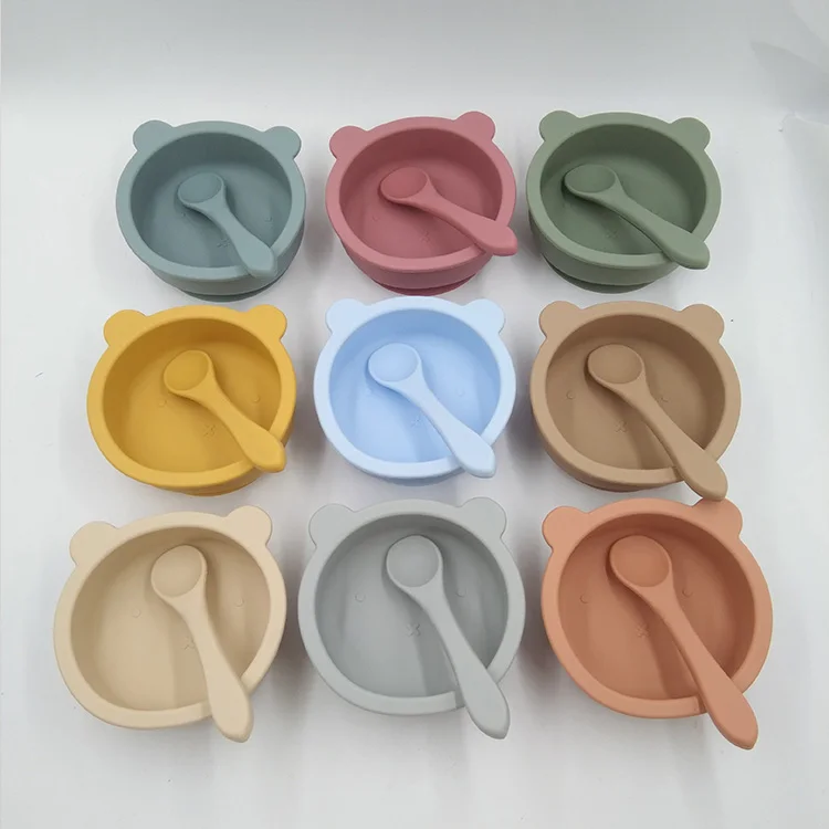 

2021 New Arrival Bear shape Food Grade Non-slip Silicone Baby Suction Feeding Bowl with spoon, Sage,ether,light grey,sand etc