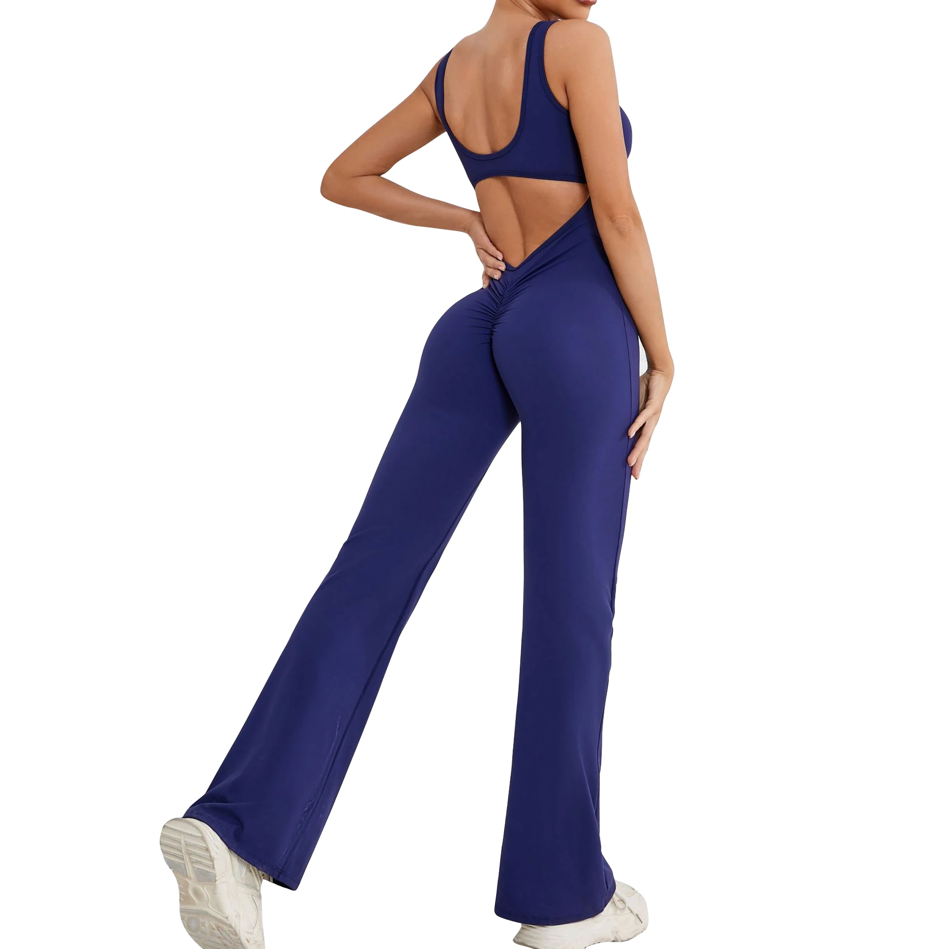Women's Long Length Soft Quick Dry Scrunch Back Flare Yoga Jumpsuit With Hollow Back Sports Bodysuit