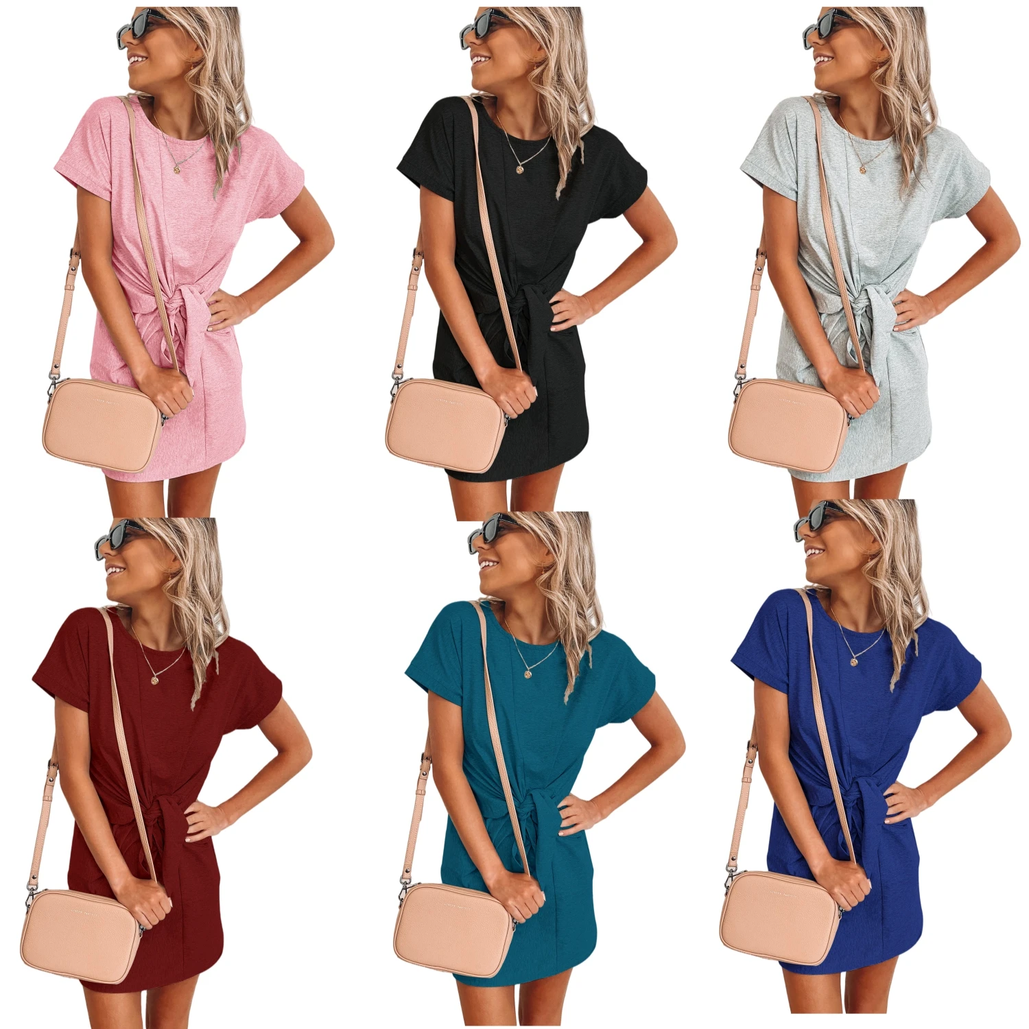 

ins hot style 2021 European and American women's summer bandage short-sleeved dress solid color
